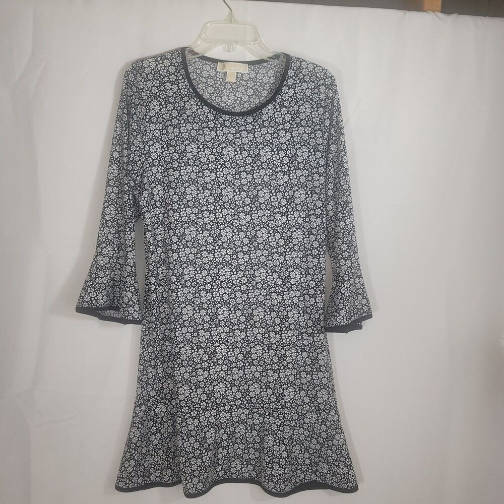 Michael Kors Black White Floral Mini Dress 3/4 Bell Sleeve Flounce Size L